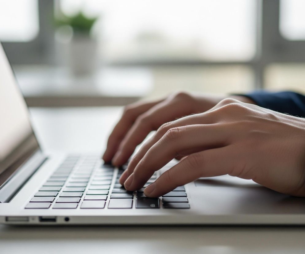Ręce osoby w ciemnoniebieskim ubraniu widoczne są na pierwszym planie, podczas pisania na klawiaturze srebrnego laptopa. Laptop z otwartym ekranem stoi na jasnym blacie, a jego klawiatura ma czarne klawisze. W tle, za laptopem, rozmyte jest okno z widokiem na niewyraźny krajobraz i zarys rośliny w białej doniczce.