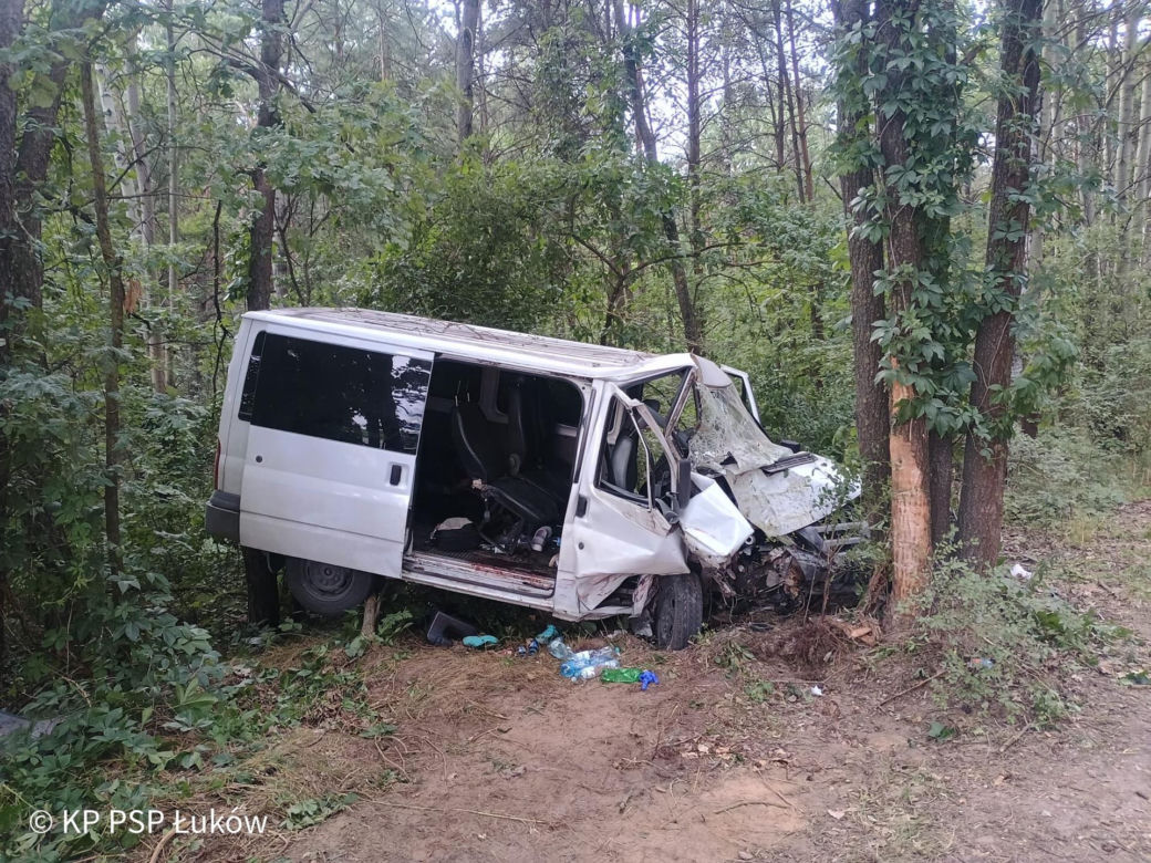 Bus rozbił się na drzewie. Wielu poszkodowanych, śmigłowiec LPR w akcji