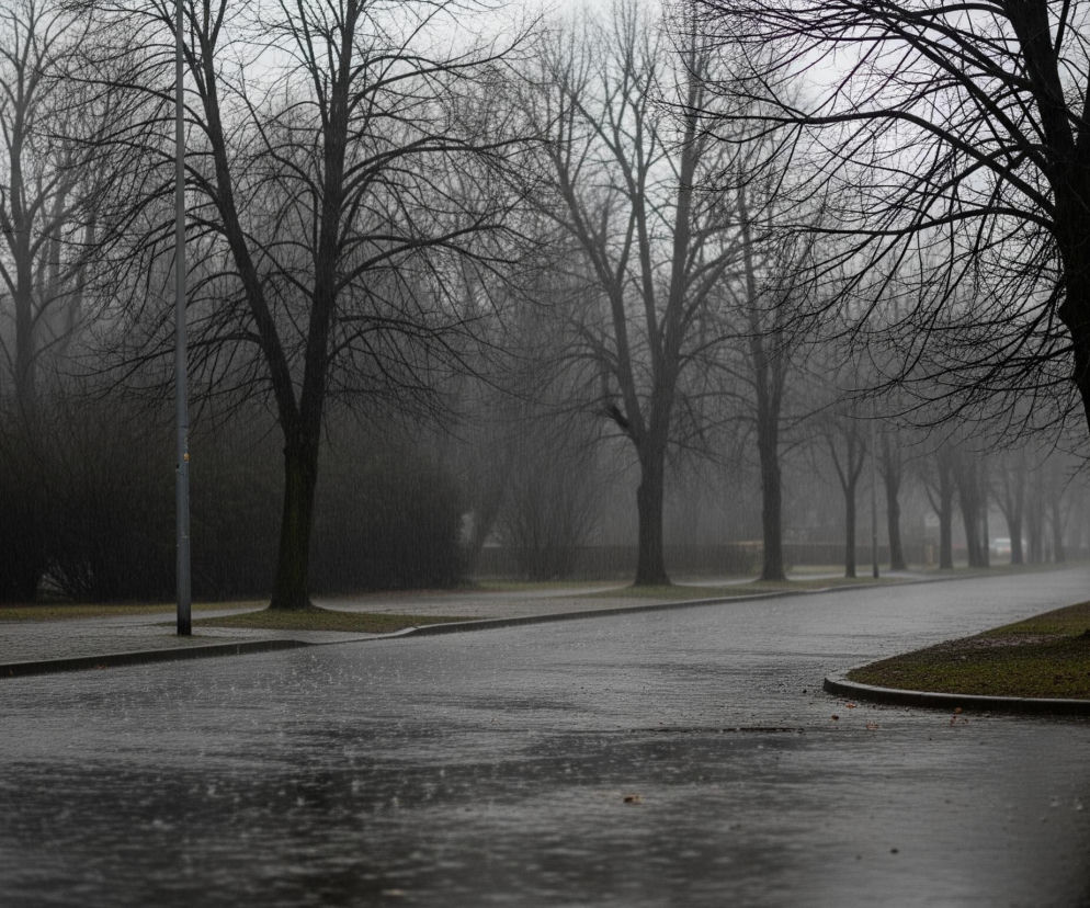 Ulicę z drzewami i chodnikiem w deszczowy, mglisty dzień. Asfaltowa droga na pierwszym planie jest mokra, z widocznymi odbiciami i licznymi kroplami deszczu rozbijającymi się o jej powierzchnię, tworzącymi małe, okrągłe kręgi. Po lewej stronie droga zakręca w prawo, a jej krawędź jest wyraźnie zaznaczona krawężnikiem, oddzielającym ją od wąskiego pasa trawy i rzędu wysokich, bezlistnych drzew o ciemnych pniach i gałęziach. W tle widoczny jest szary, zamglony krajobraz z licznymi drzewami o nagich gałęziach, które zlewają się z mgłą, tworząc ponurą atmosferę.