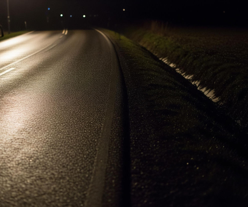 Asfaltowa droga, oświetlona ciepłym, żółtawym światłem, biegnie przez środek kadru i lekko zakręca w prawo, znikając w oddali. Na ciemnej nawierzchni widać pojedynczą, przerywaną białą linię, a po jej prawej stronie jaśnieją drobne refleksy, sugerujące wilgoć. Na lewym poboczu stoi latarnia uliczna, jej światło tworzy poświatę na drodze, natomiast prawe pobocze to ciemne pole porośnięte trawą, ledwo widoczne w mroku.