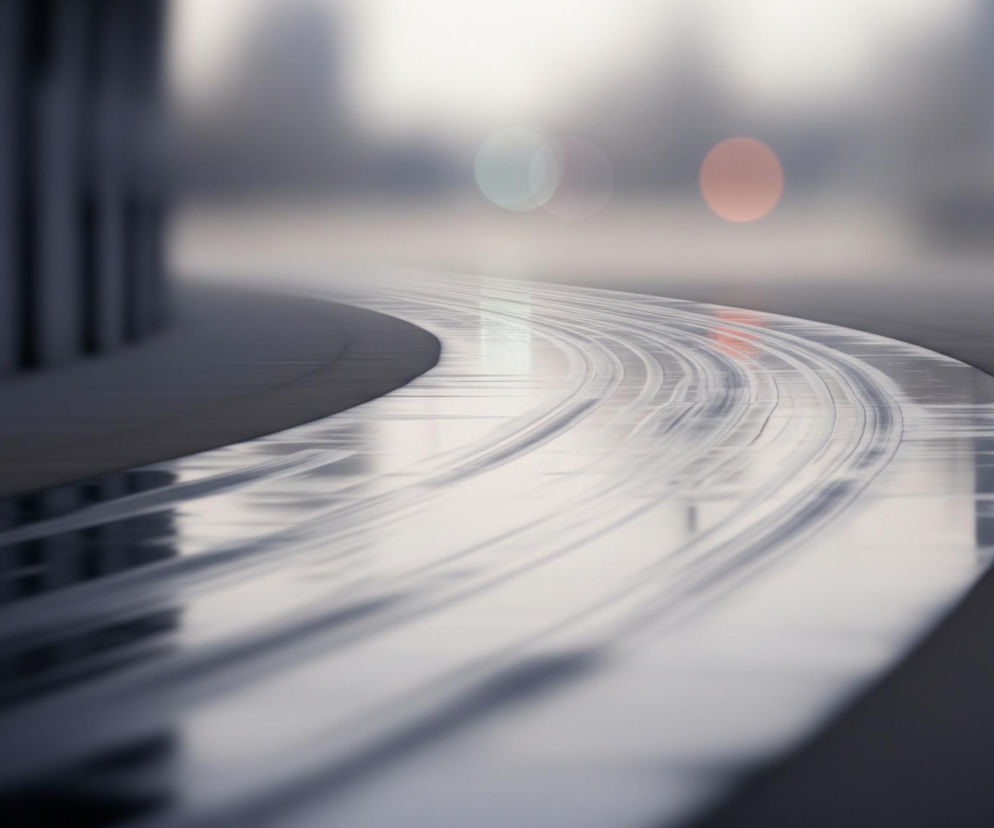 Zakrzywiony, ciemny betonowy chodnik zajmuje prawą dolną część obrazu, prowadząc w głąb kadru. Po lewej stronie widać rozmyte pionowe elementy architektoniczne w odcieniach szarości. Między chodnikiem a lewym brzegiem biegnie jasna, lśniąca, mokra powierzchnia, która odbija otoczenie. W tle znajdują się niewyraźne, rozmyte obiekty i światła w kształcie kół w kolorach pomarańczowym i zielonkawym, zanurzone w szarej, mglistej atmosferze.