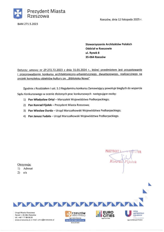 Pismo Prezydenta Fijołka powołującego biegłych konkursowych