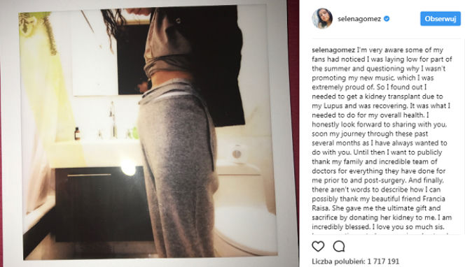 Selena Gomez miała przeszczep nerki!