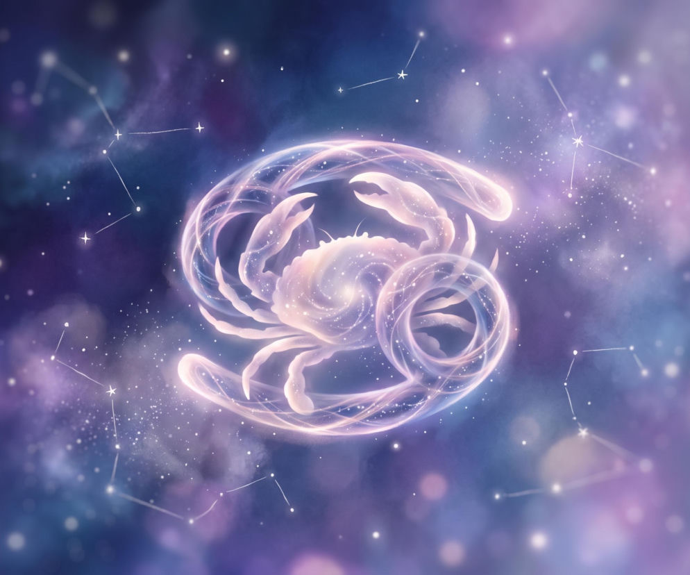 Ilustracja znaku zodiaku Rak na tle fioletowego kosmosu i gwiazd. O horoskopie dla Raka przeczytasz na Eska.