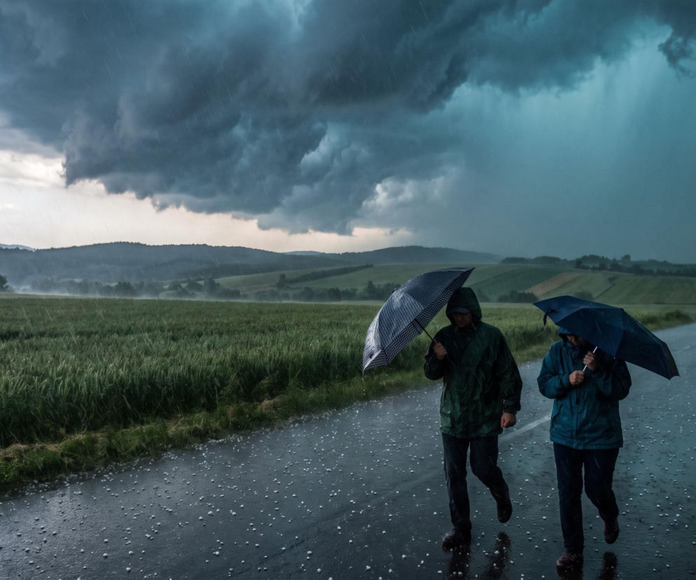 Dwie osoby z parasolami idą drogą podczas burzy z gradem. O nadchodzących ulewach przeczytasz na Eska.