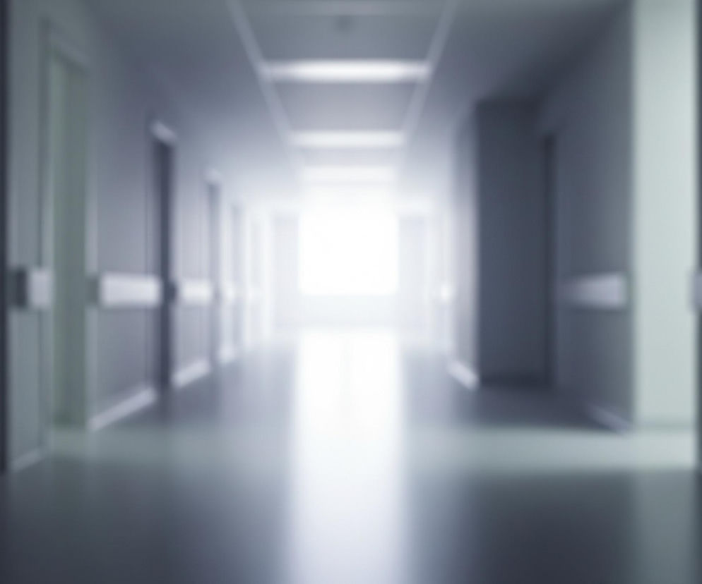 Długi korytarz z rozmazanym tłem, charakteryzujący się symetrycznym układem drzwi po obu stronach. Na końcowej ścianie widoczne jest intensywne, białe światło, które rozjaśnia całą perspektywę i odbija się na podłodze, tworząc refleksy. Ściany i drzwi utrzymane są w odcieniach szarości, z poziomymi listwami ochronnymi biegnącymi wzdłuż ścian, tworząc wrażenie głębi i nieskończoności.