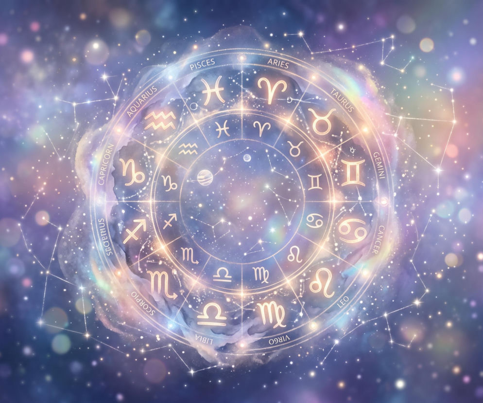 Świetlisty krąg z symbolami wszystkich znaków zodiaku na tle kosmosu. O horoskopie dziennym przeczytasz w VOX FM.