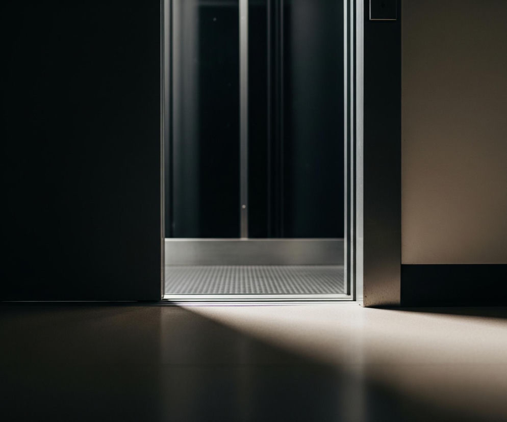 Drzwi windy są otwarte, ukazując wnętrze z metalową podłogą pokrytą wzorem małych kwadratów. Po lewej stronie widać ciemną ścianę, a po prawej jasnobrązową, beżową ścianę z ciemniejszym panelem u dołu. Jasne światło pada z lewej górnej strony na prawą dolną, tworząc wyraźny cień na podłodze, która jest częściowo jasna, a częściowo ciemna.