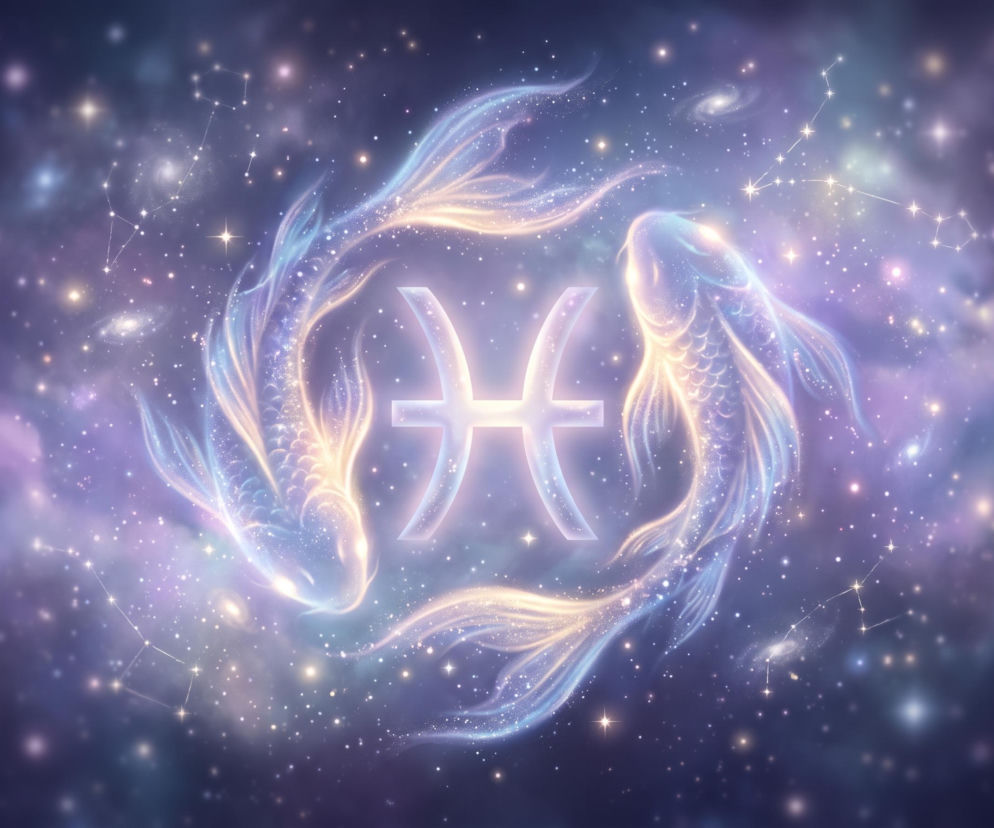 Dwie świetliste ryby otaczające znak zodiaku Ryby na tle kosmosu. O horoskopie dziennym przeczytasz na Eska.