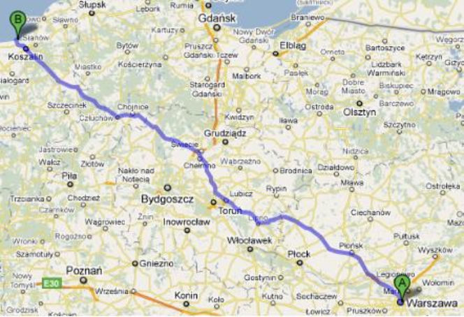 Trasa 10 Warszawa - Mielno mapka