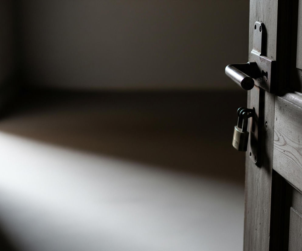 Drewniane, uchylone drzwi, utrzymane w ciemnych, szarych i brązowych odcieniach, dominują prawą stronę kadru. Na ich wewnętrznej stronie, mniej więcej w połowie wysokości, zamontowana jest klamka z metalowym uchwytem oraz zamek z zawieszoną metalową kłódką. Przez uchylone drzwi wpada ukośne światło, tworząc jaśniejszą smugę na podłodze i fragmentach ścian we wnętrzu, które poza tym pozostaje w półmroku.