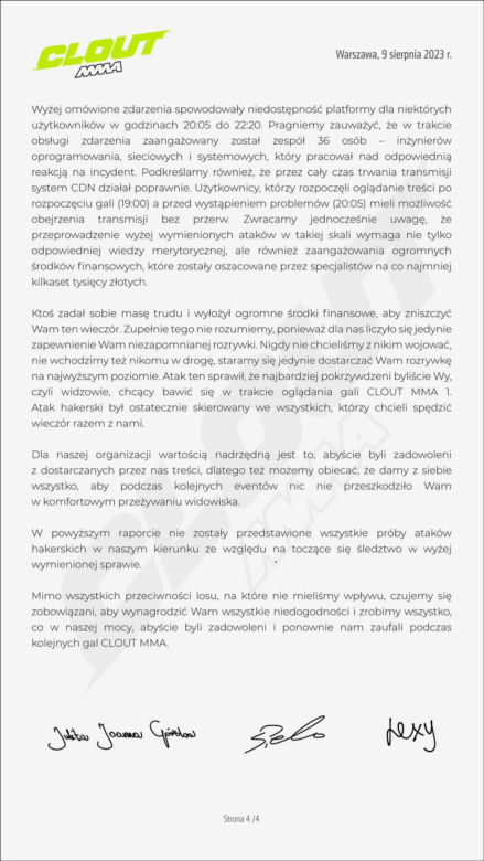 Clout MMA - raport z ataków hakerskich, podczas trwania gali