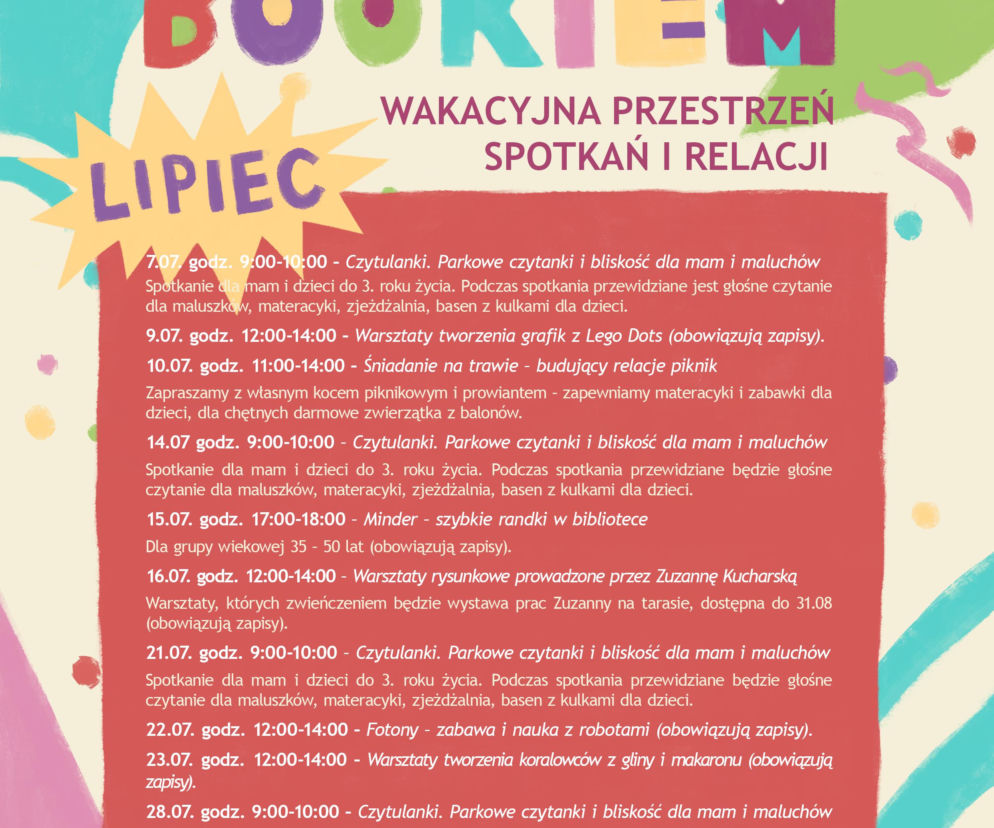 Kolorowy plakat Letnika Pod Bookiem z harmonogramem imprez na lipiec. O szczegółach wydarzeń przeczytasz na Radioplus.
