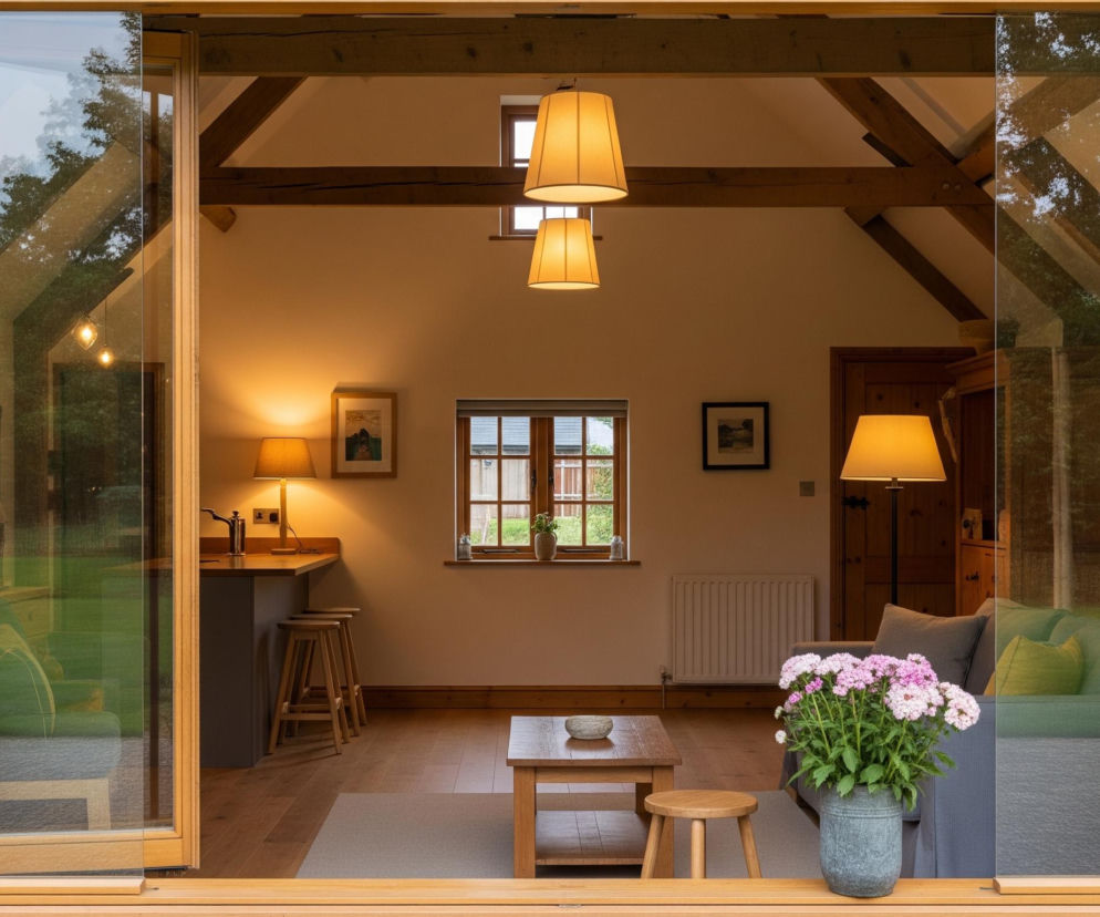 Przez duże, otwarte, drewniane drzwi tarasowe widać wnętrze przytulnego pomieszczenia o wysokim, skośnym suficie z widocznymi drewnianymi belkami. Wewnątrz, po lewej stronie znajduje się aneks kuchenny z drewnianym blatem i trzema drewnianymi stołkami barowymi, a po prawej strefa wypoczynkowa z szarą sofą, poduszkami w odcieniach zieleni oraz drewnianym stolikiem kawowym i małym stołkiem. Na stole kawowym stoi mała miseczka, natomiast przed nim, na parapecie, umieszczona jest szara doniczka z różowo-białymi kwiatami. Pomieszczenie jest jasno oświetlone światłem lamp wiszących i stojących, co nadaje mu ciepły charakter, a przez małe okno na tylnej ścianie widać zieleń na zewnątrz.