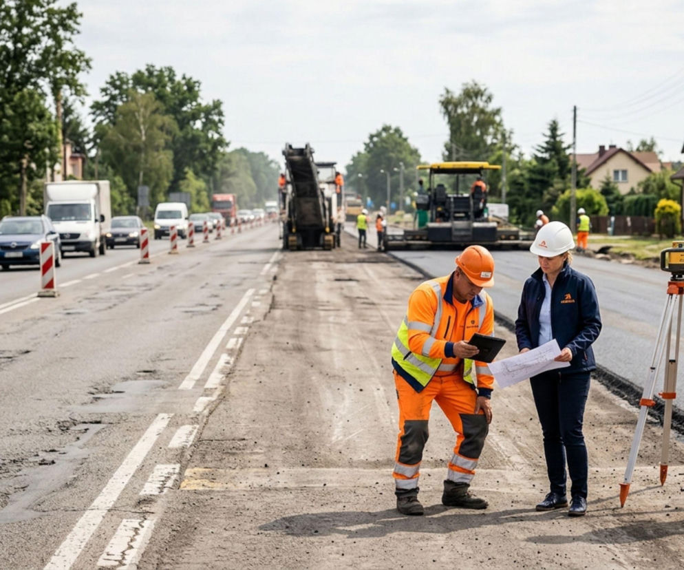 Pracownicy budowlani z dokumentami przy DK91. O modernizacji starej gierkówki przeczytasz na SE Superbiz.