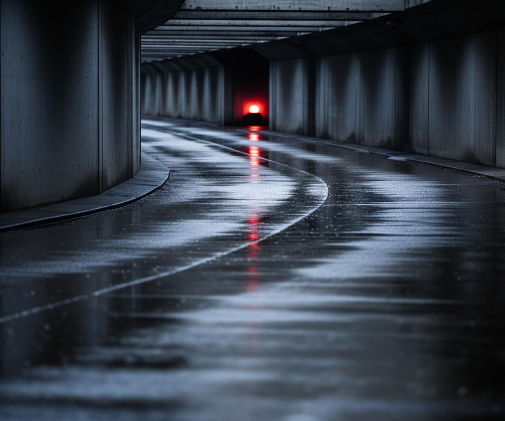 Długi, ciemny tunel z betonu, oświetlony jedynie czerwonym światłem z oddali, rozciąga się w głąb obrazu. Ściany tunelu, widoczne po obu stronach, mają szarą barwę i teksturę betonu. Wilgotna, błyszcząca powierzchnia drogi odbija czerwone światło, tworząc długie, rozmazane refleksy. W oddali, w centralnej części kadru, intensywna czerwona poświata wskazuje na źródło światła, które jest rozmyte i nieostre.