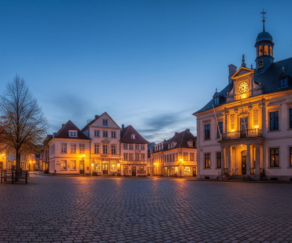 Rynek brukowany kamieniami o szarych i brązowych odcieniach rozciąga się w centralnej części kadru, oświetlony ciepłym, pomarańczowym światłem latarni ulicznych i wewnętrznym blaskiem okien budynków. Po prawej stronie wznosi się duży, reprezentacyjny budynek w jasnych odcieniach bieli i kremu, z kolumnowym wejściem, balkonem i wieżyczką zegarową z kopułą, ozdobioną na szczycie chorągiewką, a jego fasada jest intensywnie oświetlona od dołu. Po lewej stronie placu i w tle widoczne są niższe, zabytkowe kamienice z licznymi oknami i spadzistymi dachami, również rozświetlone ciepłym światłem, tworząc spójny kompleks architektoniczny wokół placu. Nagie drzewo z delikatnie pomarańczowymi liśćmi stoi na środku placu po lewej, obok kamiennej ławki, a niebo nad miastem jest ciemnoniebieskie, przechodzące w błękit w górnych partiach.