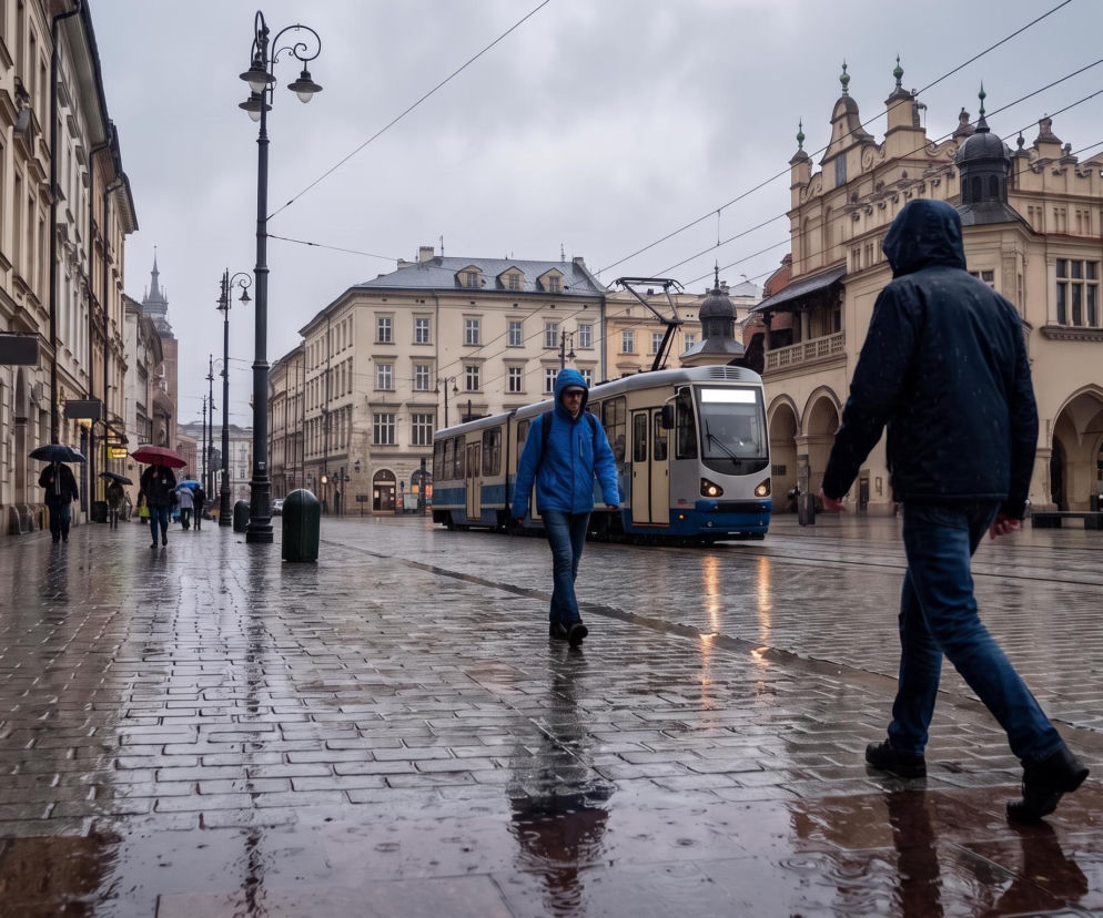 Osoby idące przez mokry Rynek Główny w Krakowie w deszczowy dzień. O prognozie pogody przeczytasz na Eska.