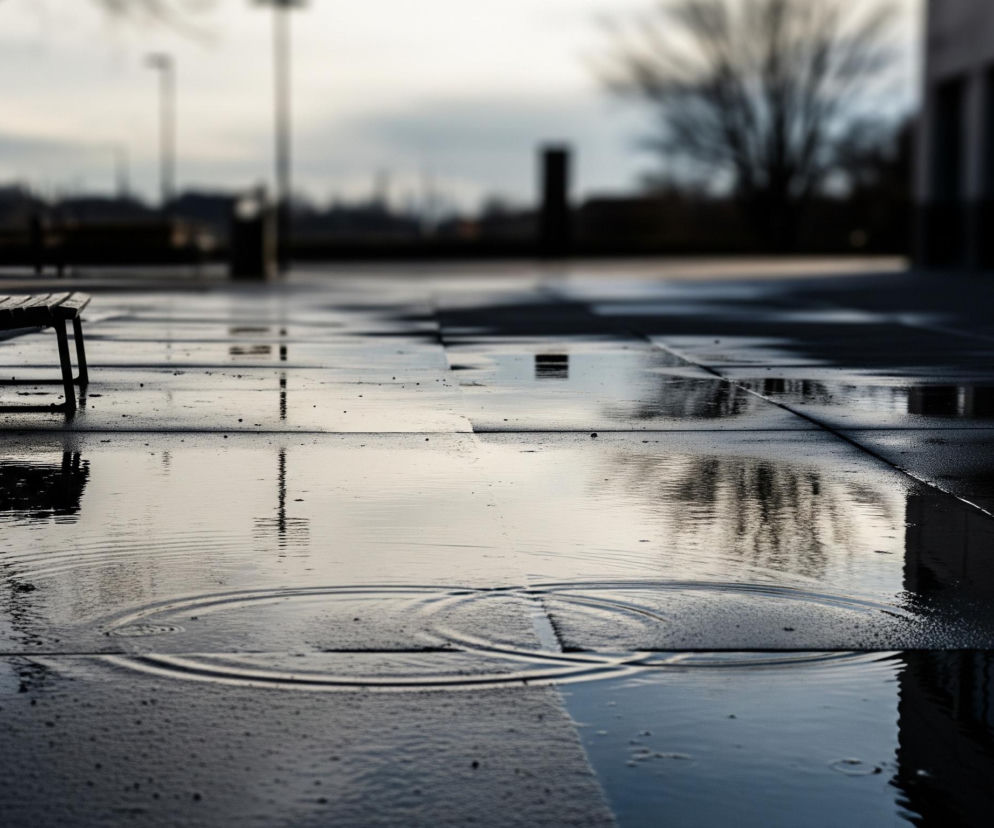 Mokra, ciemna nawierzchnia z chodnikowych płyt wypełniona jest licznymi kałużami odbijającymi światło nieba. Na pierwszym planie, w lewej części kadru, stoi samotna, ciemna ławka z drewnianym siedziskiem i oparciem na metalowej ramie. W centralnej części obrazu, na powierzchni kałuży, widoczne są wyraźne, koncentryczne fale na wodzie, świadczące o spadających kroplach deszczu. Tło jest rozmyte, z niewyraźnymi ciemnymi sylwetkami drzew i budynków oraz jasnym, pochmurnym niebem, które częściowo odbija się w wodzie.