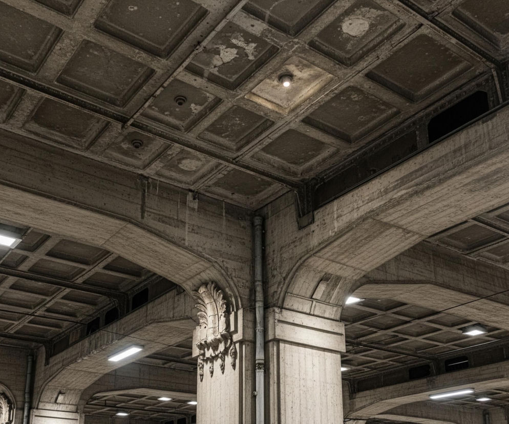 Górna część dużej, betonowej konstrukcji architektonicznej, dominującej w odcieniach szarości i beżu, przedstawia sieć arkad i wsporników. Sufit jest kasetonowy, z kwadratowymi wgłębieniami, w których sporadycznie umieszczone są punkty świetlne, w tym jedna pojedyncza żarówka w centralnej górnej części oraz liczne, prostokątne, białe lampy fluorescencyjne rozmieszczone nieregularnie na całej powierzchni. Widoczne są fragmenty ozdobnych elementów na betonowych filarach, przypominające rzeźbione liście, a także rury i kable biegnące wzdłuż konstrukcji. Cała scena charakteryzuje się surowym, industrialnym wyglądem z widocznymi śladami zużycia i patyny na betonie.