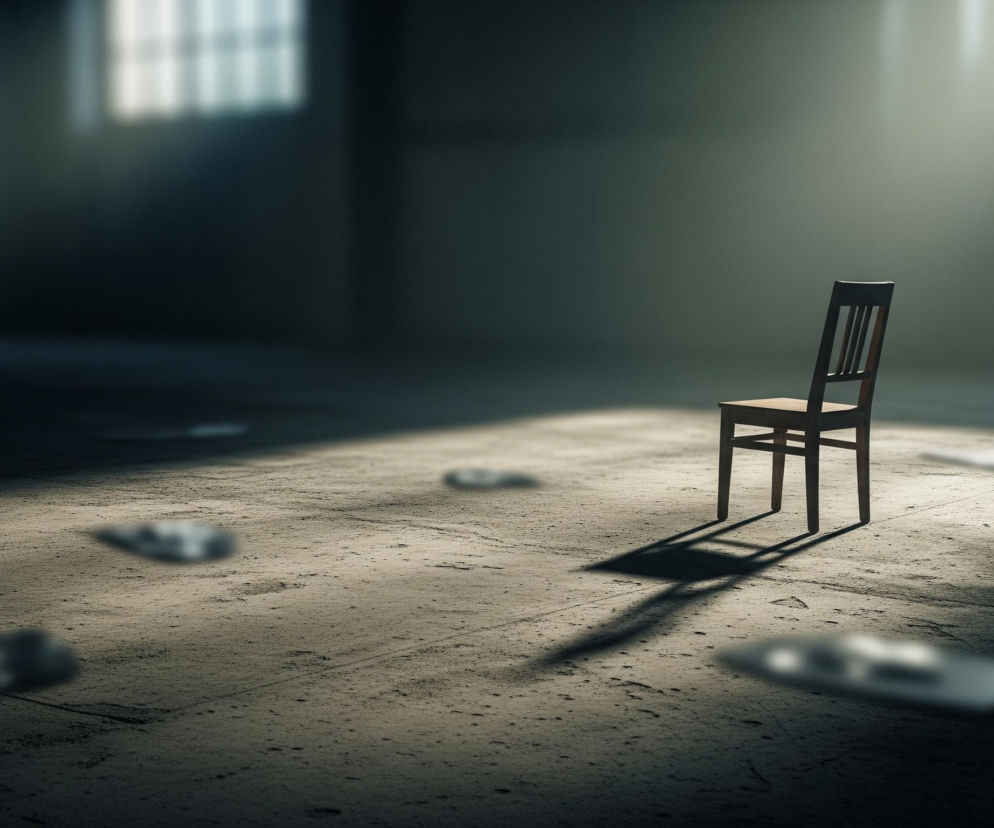 W centrum obrazu stoi pojedyncze, drewniane krzesło o prostej konstrukcji z pionowymi szczebelkami w oparciu, rzucające długi cień na szarą, betonową podłogę. Pomieszczenie jest słabo oświetlone, z promieniami światła wpadającymi przez prostokątne okna umiejscowione wysoko na ścianie po lewej i prawej stronie w tle, tworząc jasne plamy na podłodze. Na podłożu wokół krzesła leżą rozrzucone, nieostre przedmioty o nieregularnych kształtach, częściowo zanurzone w cieniu, a tło jest rozmyte i ciemne.
