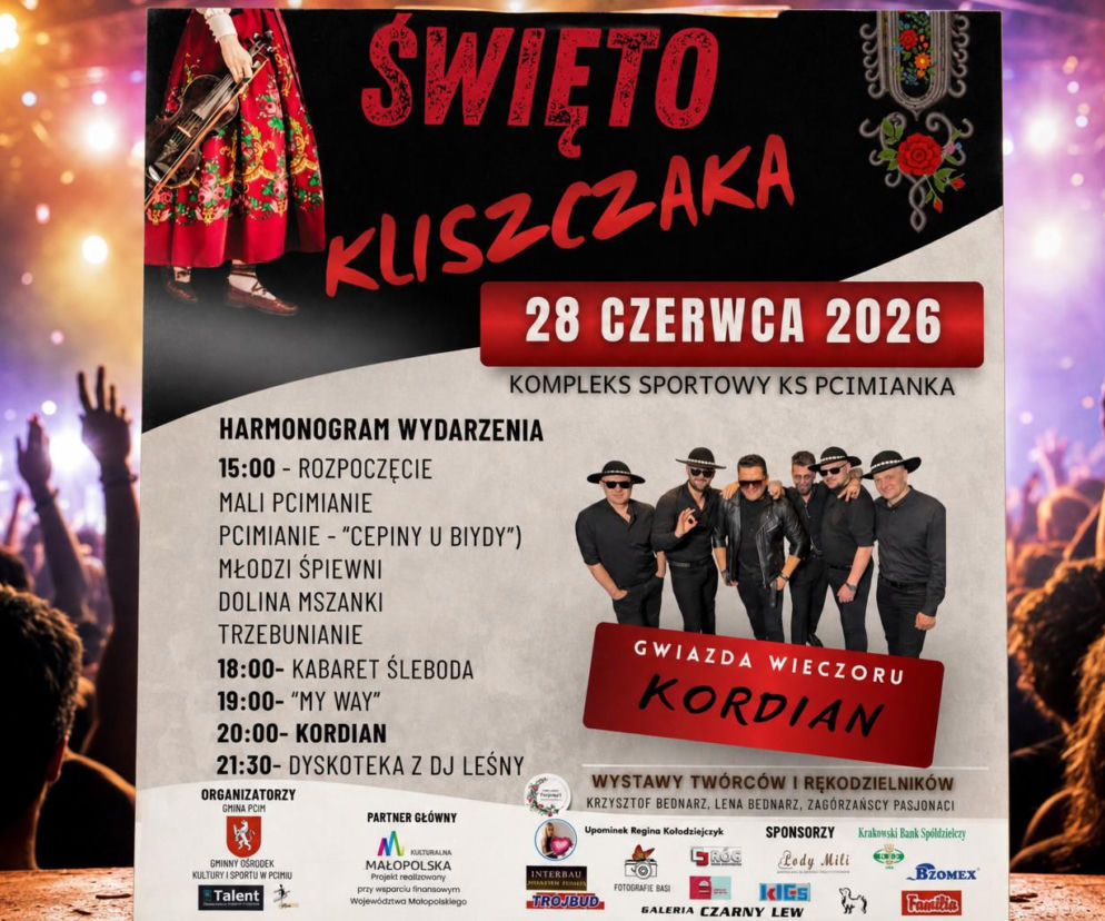 Plakat promocyjny „Święta Kliszczaka” w Pcimiu, przedstawiający datę 28 czerwca 2026, harmonogram wydarzeń, w tym koncert Kordiana, oraz sylwetki artystów i informacje o sponsorach, dostępny na naszym portalu.