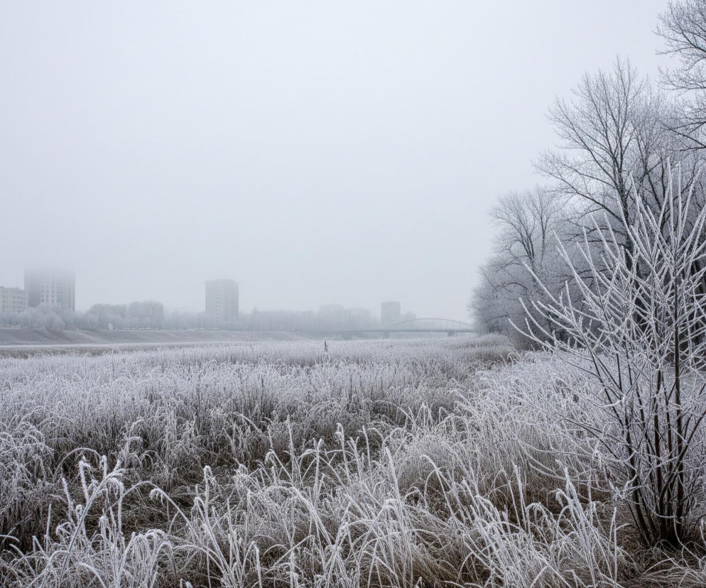Rozległe pole szronu pokrywa większą część kadru, z ciemnobrązową trawą i krzewami w tle gęsto obsypanymi białym szronem, tworząc kontrast z nagą ziemią. Po prawej stronie widoczne są oszronione, bezlistne drzewa z ciemnymi, nagimi gałęziami. W oddali, po lewej stronie, zza mgły wyłaniają się zarysy kilku budynków. Horyzont dominuje jednolita, jasnoszara mgła, przesłaniająca słońce i tworząca tajemniczą atmosferę.
