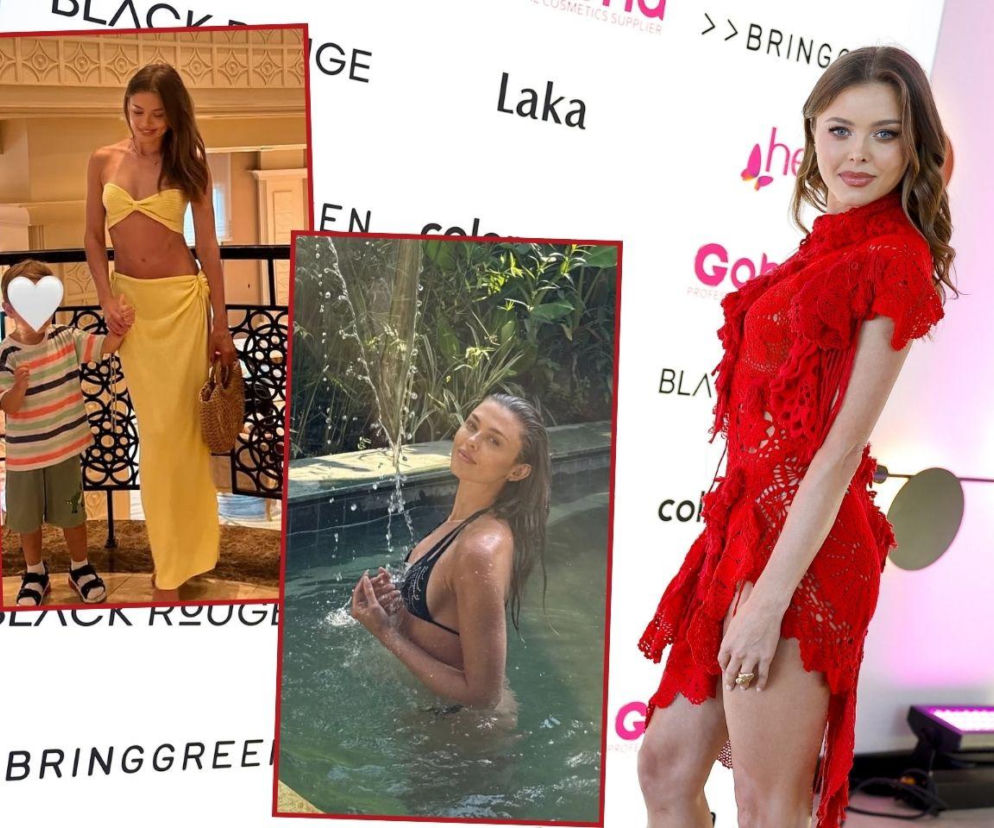 Joanna Opozda w czerwonej sukience. Obok wstawki z urlopu w bikini i z synem. O wyjeździe aktorki przeczytasz w Eska.