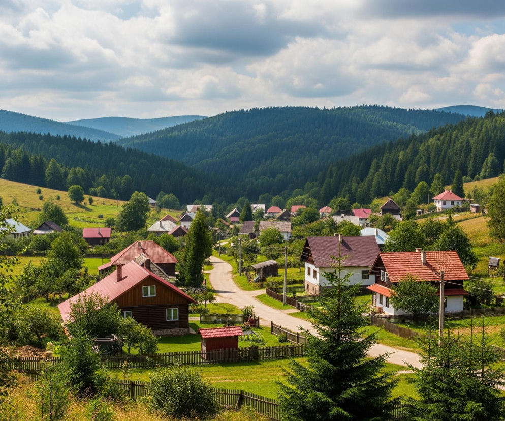 Wiejska droga o jasnym, piaszczystym kolorze, zakręca przez gęsto zadrzewioną dolinę, wzdłuż której rozłożone są liczne domy z czerwonymi lub brązowymi dachami. Po obu stronach drogi rozciągają się zielone, faliste wzgórza, usiane drzewami liściastymi i iglastymi, a za nimi wznoszą się ciemnozielone pasma górskie pokryte gęstym lasem. Niebo w górnej części obrazu jest częściowo zachmurzone, z dużymi, białymi obłokami na błękitnym tle. Całość jest skąpana w słonecznym świetle, tworząc wyraźne kontrasty cieni i światła.