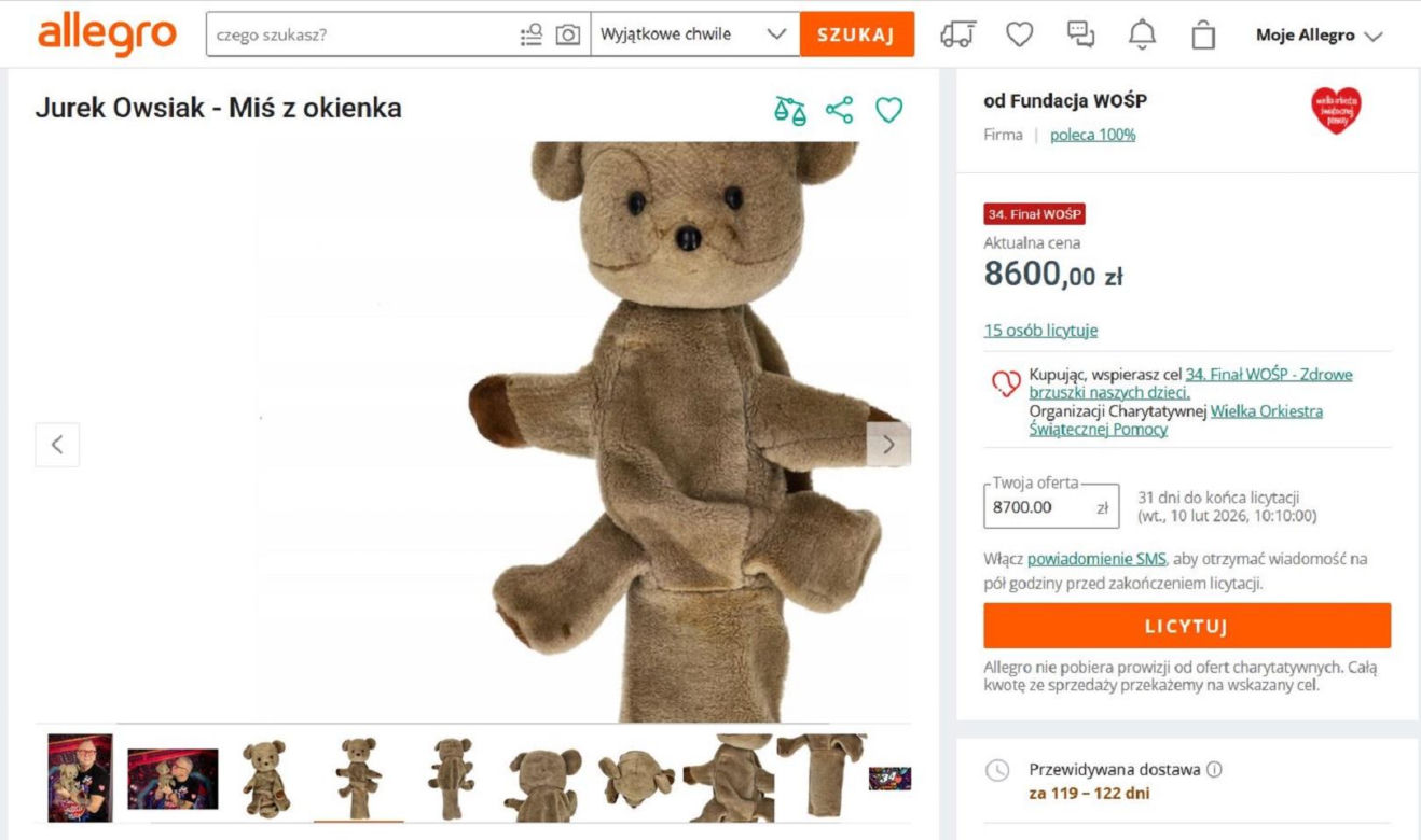 Kultowy miś z dobranocki z PRL-u na licytacji WOŚP. Cena już jest zawrotna