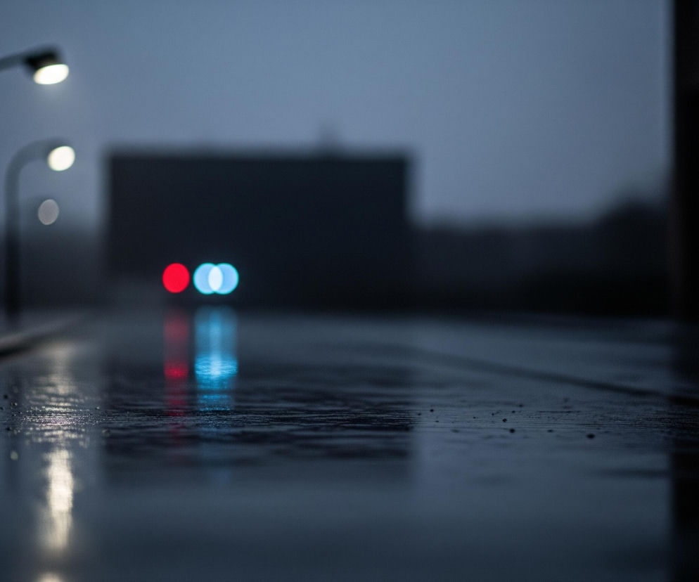 Mokry asfalt ulicy o głębokim, ciemnoszarym odcieniu rozciąga się w kierunku centrum kadru, odbijając światła otoczenia. Na pierwszym planie, z lewej strony, widać dwa rozmyte słupy latarni ulicznych z jasno świecącymi, białymi lampami. Dalej, w centrum, widać dwa rozmyte czerwone i niebieskie światła, których odbicia również są widoczne na mokrej nawierzchni, tworząc podłużne, świetliste smugi. W tle, rozmyte ciemne sylwetki budynków zlewają się z szarogranatowym, pochmurnym niebem.