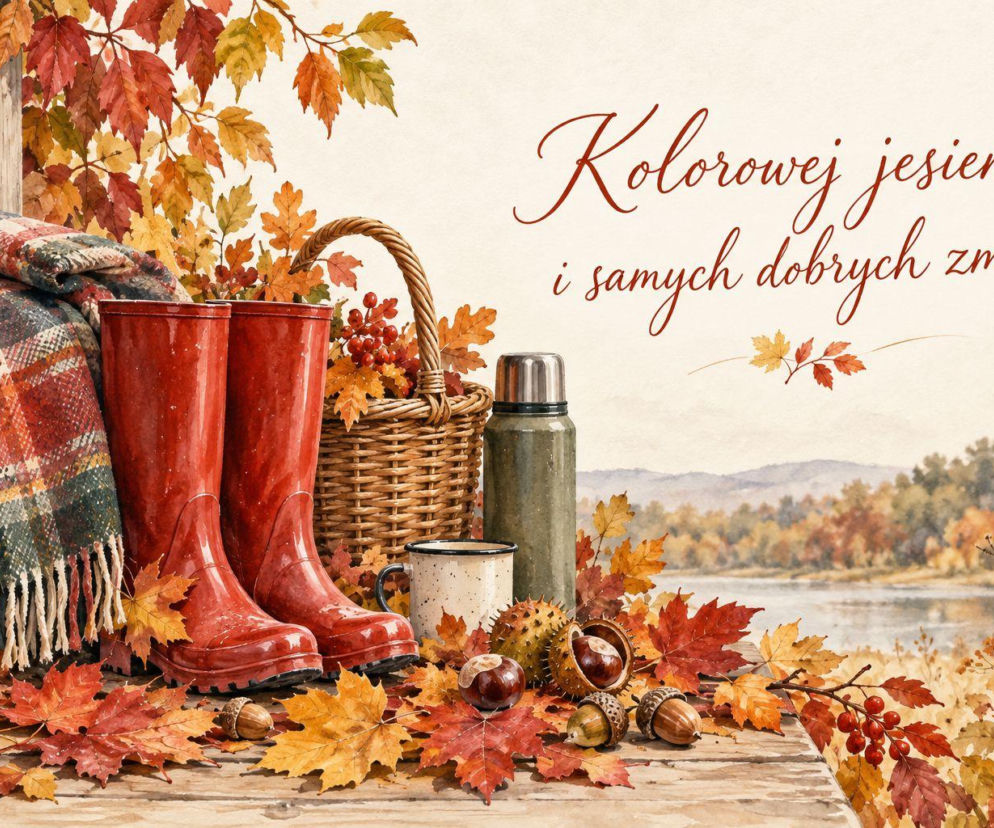 Jesienna grafika z kaloszami i liśćmi. O radosnym Dniu Spadającego Liścia w Polsce przeczytasz na SE.