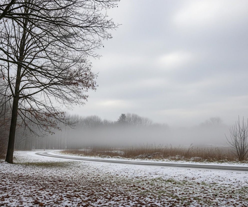 Drogę asfaltową pokrytą gdzieniegdzie cienką warstwą śniegu wije się w lewą stronę, znikając za drzewami. Po obu stronach drogi rozciąga się ziemia pokryta brązowymi liśćmi i białym śniegiem, a dalej widać wysuszone, blade brązowe rośliny. Lewą stronę obrazu zdominują bezlistne drzewa z ciemnymi gałęziami, z których niektóre mają jeszcze kilka rudych liści. W tle gęsta mgła zasłania dalsze drzewa i horyzont pod bladym, szarym niebem, z jaśniejszym obszarem w centrum.