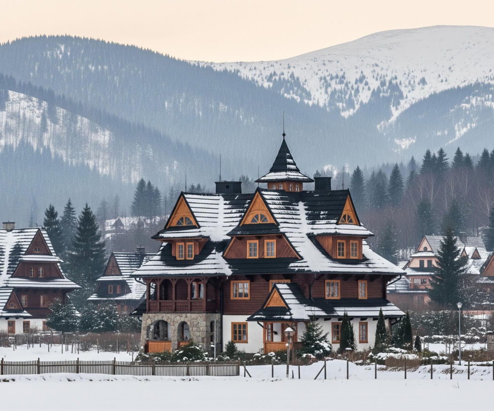 Centralne miejsce zajmuje duży, wielopoziomowy dom o architekturze góralskiej, z ciemnobrązowymi drewnianymi ścianami i białymi fragmentami elewacji, pokryty śniegiem na czarnym, spadzistym dachu. Wiele okien z jasnymi ramami i charakterystyczne półkoliste świetliki na poddaszu zdobią budynek, a jeden z dachów wieńczy spiczasta wieżyczka z piorunochronem. Wokół głównego domu, po obu stronach, rozmieszczone są podobne stylem drewniane domy, również ze śniegiem na dachach, wtopione w zimowy krajobraz. Przed domami rozciąga się zaśnieżony, płaski teren z drewnianym płotem, za którym widać nagie krzewy, natomiast w tle widoczne są zalesione, pokryte śniegiem góry pod jasnym, bladym niebem.
