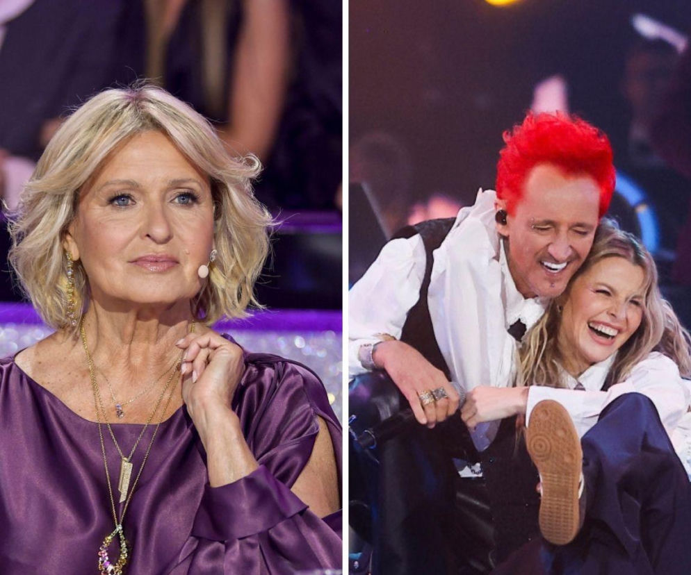 Aktorka Ewa Kasprzyk w fioletowej sukni. Obok na wstawce Michał Wiśniewski i Mandaryna. O ich relacji przeczytasz na Eska.