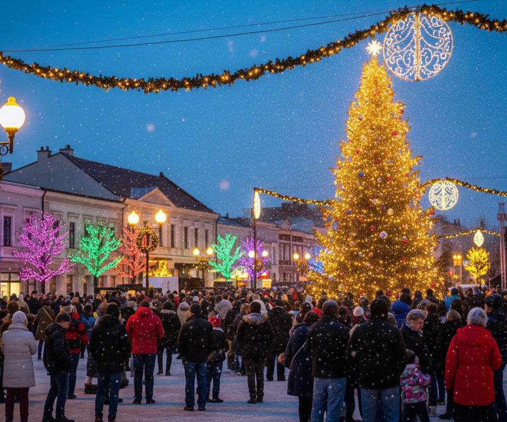 Zimowy plac miejski rozświetlają świąteczne dekoracje, a centralne miejsce zajmuje bardzo wysoka, obficie oświetlona choinka z żółtych lampek, udekorowana czerwonymi i niebieskimi bombkami, zwieńczona jasną gwiazdą. Przed choinką stoi duży tłum ludzi, ubranych w ciepłe, zimowe odzienie, patrzący w kierunku sceny z lewej strony lub na choinkę. Śnieg delikatnie pada, widoczny jako jasne kropki w powietrzu, a niebo ma intensywny, ciemnoniebieski kolor. W tle widoczne są budynki o jasnych fasadach oraz kolorowo oświetlone drzewa w odcieniach różu, zieleni i błękitu. Nad placem rozwieszone są girlandy z lampek oraz duże, okrągłe i owalne ozdoby świetlne.