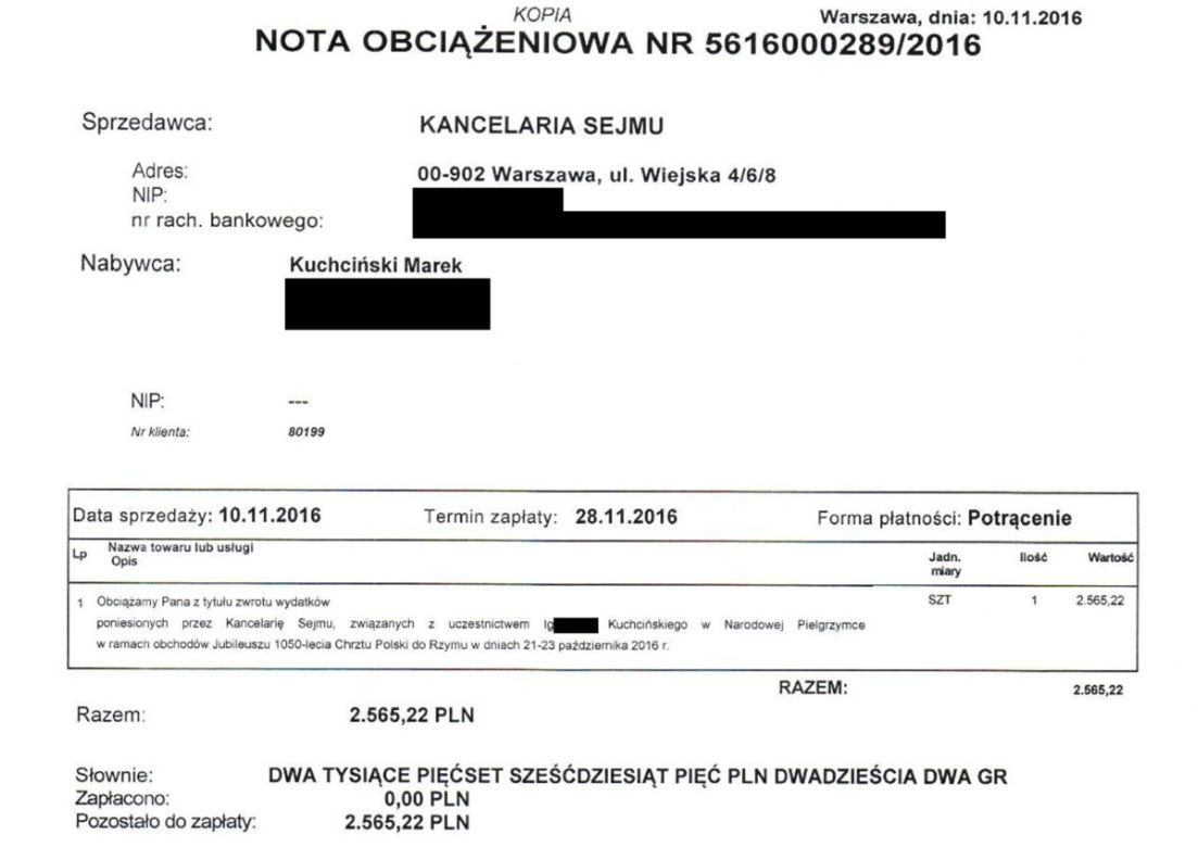 Kuchciński zapłaci za wycieczkę syna