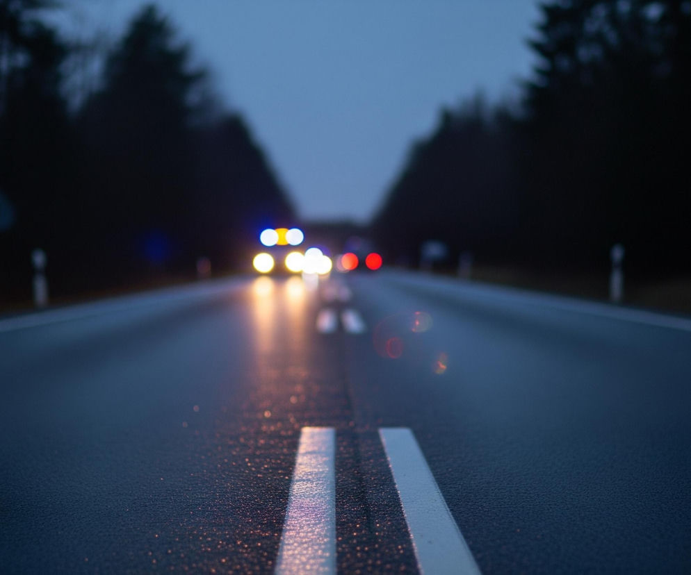 Wąska, ciemna droga biegnie prosto ku horyzontowi, otoczona po obu stronach gęstym, niewyraźnym lasem. Na mokrej nawierzchni, pośrodku jezdni, widać dwie równoległe, białe linie, które zbiegają się w oddali, odbijając światło. Na horyzoncie, w tle lasu, majaczą niewyraźne światła pojazdów: żółte i białe od przodu oraz czerwone od tyłu. Po lewej stronie drogi, tuż przed linią lasu, znajduje się mały, niebieski znak drogowy.