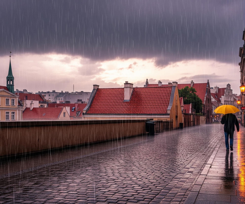 Osoba w ciemnej kurtce i niebieskich spodniach idzie ulicą, trzymając nad głową otwarty żółty parasol. Ulica jest brukowana i mokra od padającego deszczu, odbijając ciepłe światło z ulicznych lamp i okien budynków po prawej stronie. Po lewej stronie widać dachówkowe dachy budynków oraz wysoką, zieloną wieżę z iglicą, a nad nimi rozciąga się zachmurzone, ciemne niebo z widocznymi smugami deszczu.