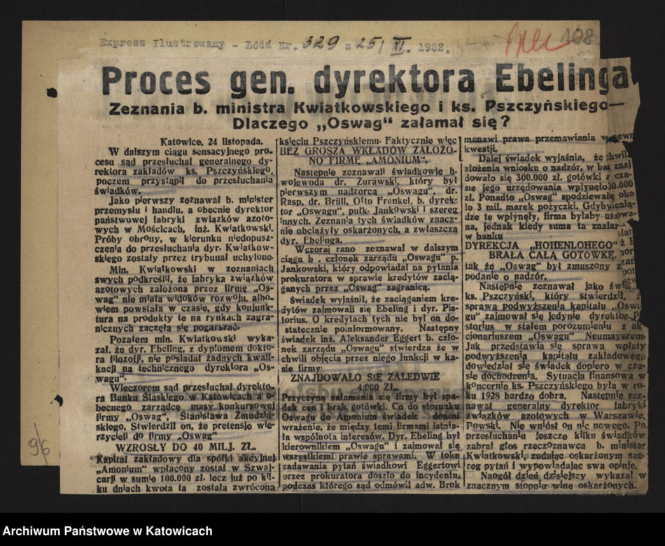 Upadłość firmy "Oswag" S.A. w Wyrach, proces przeciwko dyrektorowi Franciszkowi Ebelingowi i Józefowi Ogiermanowi