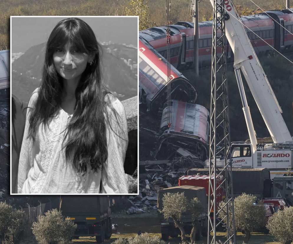 Wrak pociągu i dźwig na miejscu katastrofy. Na miniaturze Adriana Marroquín Rodríguez. O tragedii przeczytasz w Eska.